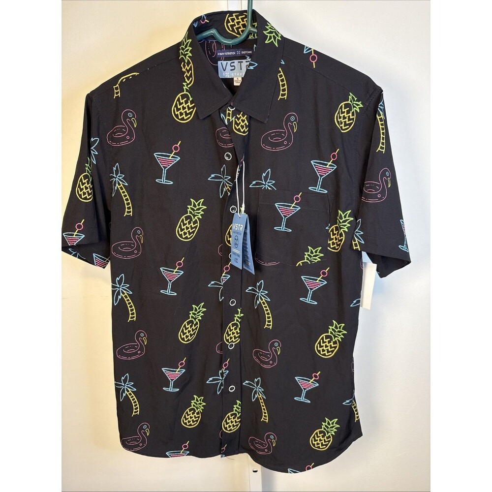 NEW VSTR 4 Way Stretch Black Shirt Pineapple Palm Trees cocktails Small $50